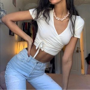 Urban Outfitters Cream Cropped Wrap Short Sleeve Wednesday Top L